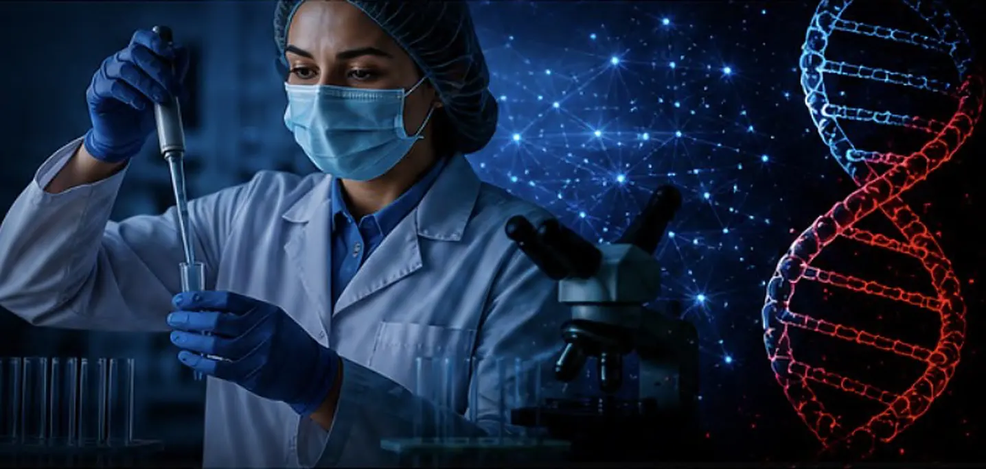 Researcher pipetting in a laboratory beside a DNA helix